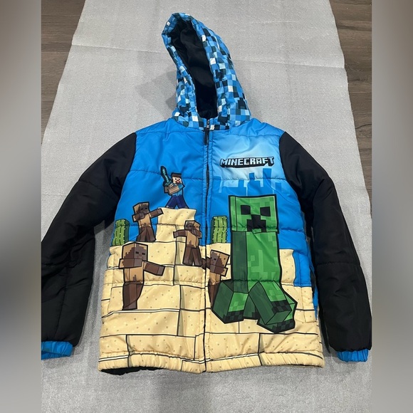 Minecraft Other - [Y10-12]Minecraft Creepy Steve Blue and Black Hooded Winter Puffer Jacket